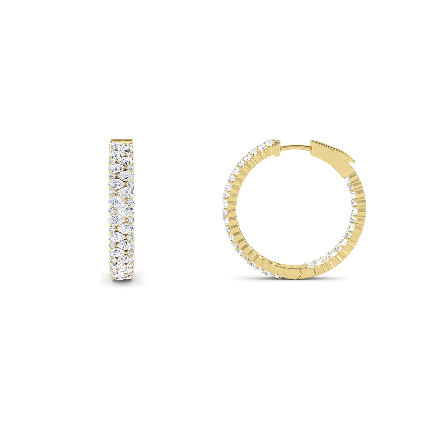 18 KT Gold Lab Grown Diamond Pear & Round Huggie Hoops Earrings